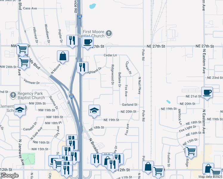 map of restaurants, bars, coffee shops, grocery stores, and more near 300 Cherrywood Drive in Moore