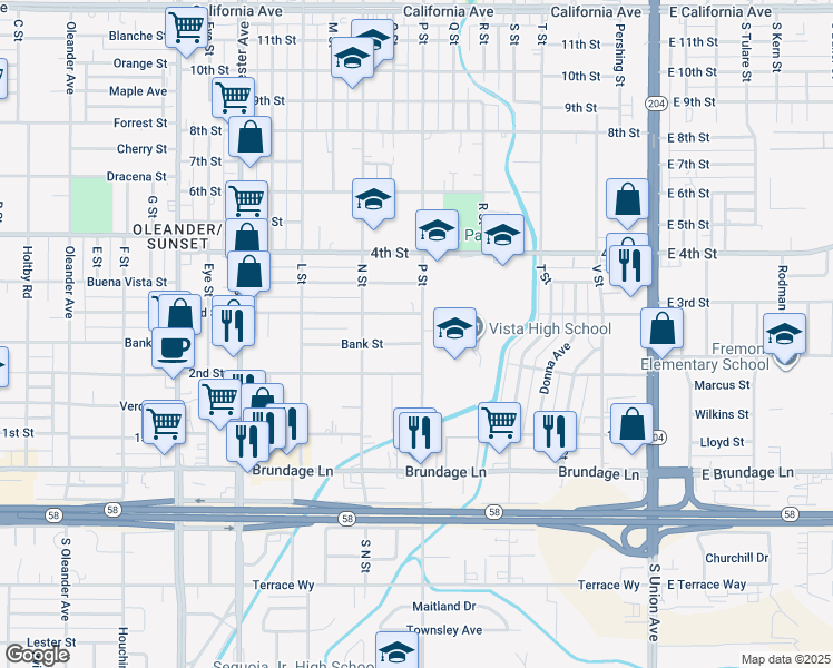 map of restaurants, bars, coffee shops, grocery stores, and more near 201 P Street in Bakersfield