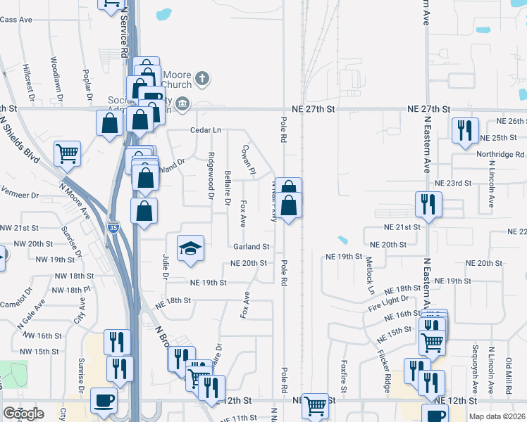 map of restaurants, bars, coffee shops, grocery stores, and more near 2205 North Nail Parkway in Moore