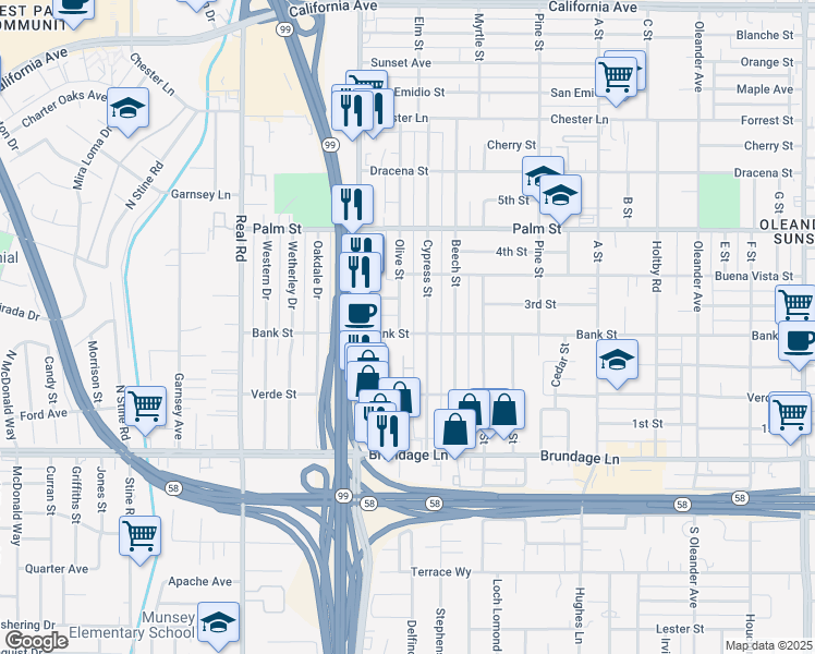map of restaurants, bars, coffee shops, grocery stores, and more near 218 Olive Street in Bakersfield