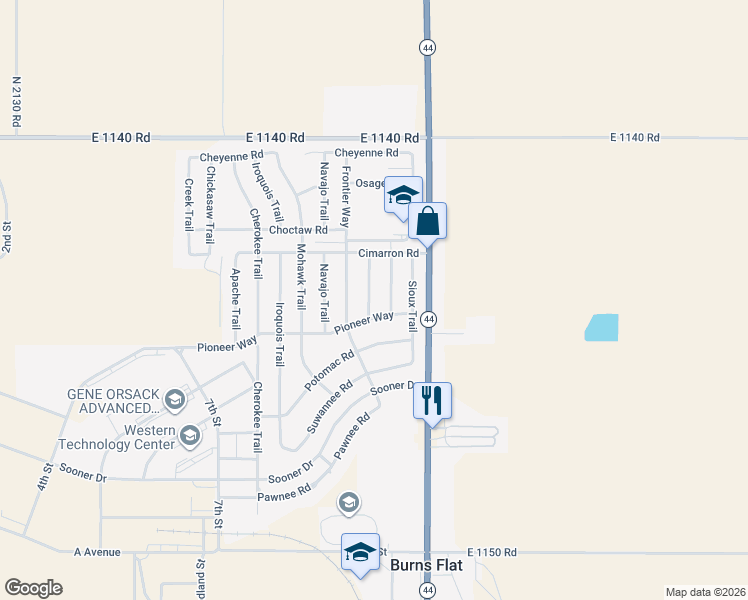 map of restaurants, bars, coffee shops, grocery stores, and more near 302 Pueblo Trail in Burns Flat