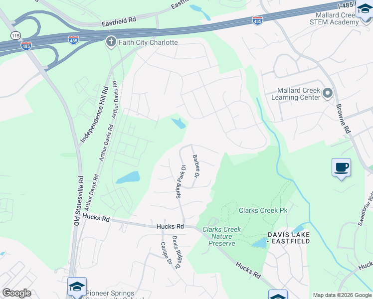 map of restaurants, bars, coffee shops, grocery stores, and more near 10020 Spring Park Drive in Charlotte