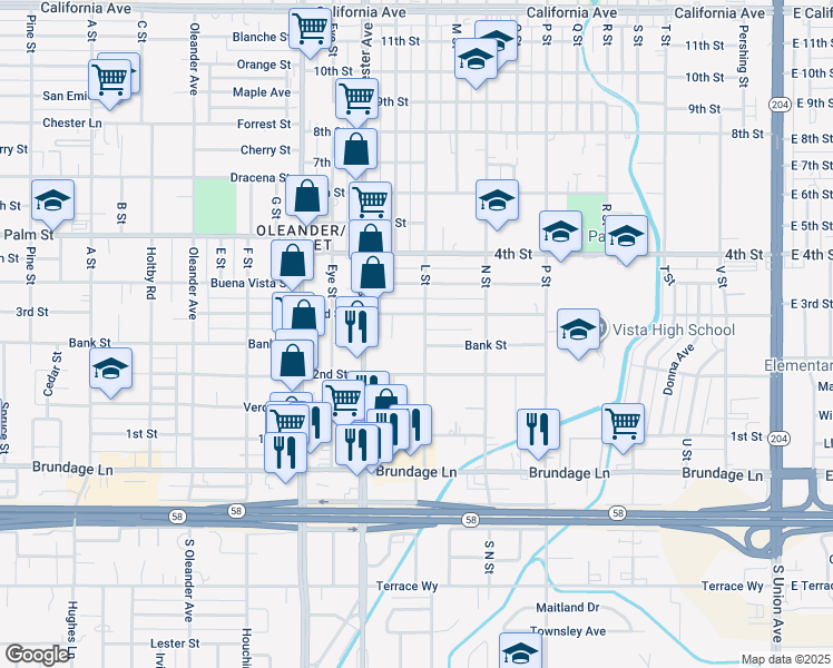 map of restaurants, bars, coffee shops, grocery stores, and more near 241 L Street in Bakersfield