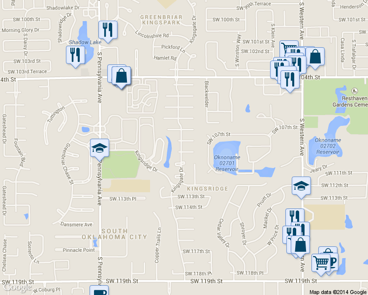 map of restaurants, bars, coffee shops, grocery stores, and more near 11104 Kingsgate Dr in Oklahoma City