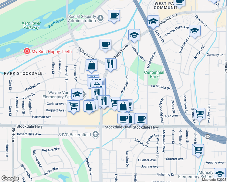 map of restaurants, bars, coffee shops, grocery stores, and more near 5401 Business Park South in Bakersfield