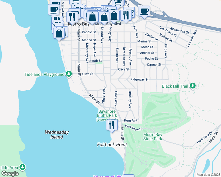 map of restaurants, bars, coffee shops, grocery stores, and more near 641 Piney Way in Morro Bay