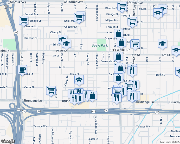 map of restaurants, bars, coffee shops, grocery stores, and more near 2122 Bank Street in Bakersfield