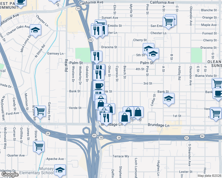 map of restaurants, bars, coffee shops, grocery stores, and more near 218 Olive Street in Bakersfield