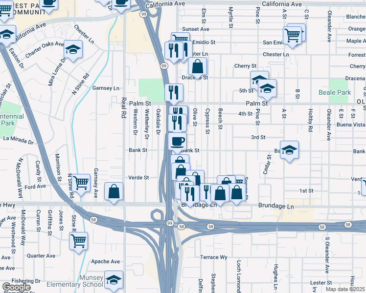 map of restaurants, bars, coffee shops, grocery stores, and more near 220 Oak Street in Bakersfield