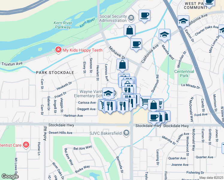 map of restaurants, bars, coffee shops, grocery stores, and more near 100 Kleinpell Avenue in Bakersfield