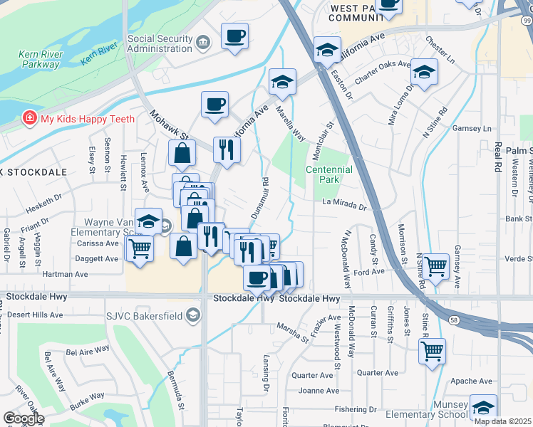 map of restaurants, bars, coffee shops, grocery stores, and more near 5201 Dunsmuir Road in Bakersfield