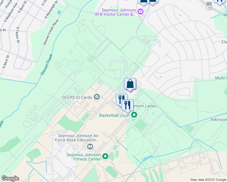 map of restaurants, bars, coffee shops, grocery stores, and more near Wright Brothers Avenue in Goldsboro