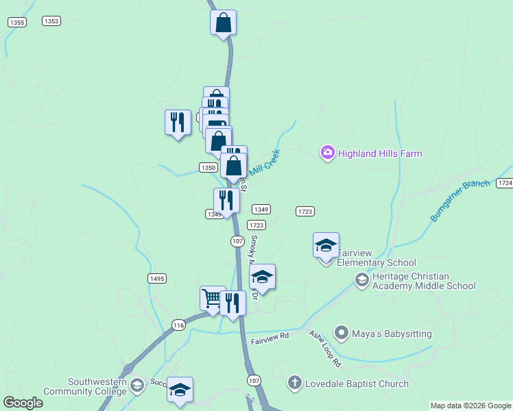 map of restaurants, bars, coffee shops, grocery stores, and more near 114 Crestview Heights in Sylva