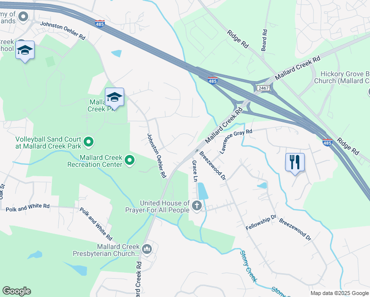 map of restaurants, bars, coffee shops, grocery stores, and more near 2601 Chickadee Drive in Charlotte