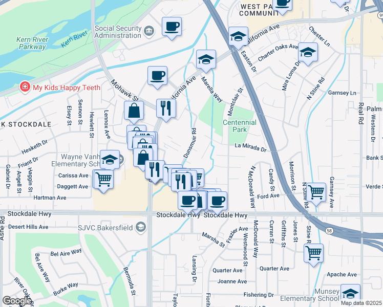 map of restaurants, bars, coffee shops, grocery stores, and more near 5201 Dunsmuir Road in Bakersfield