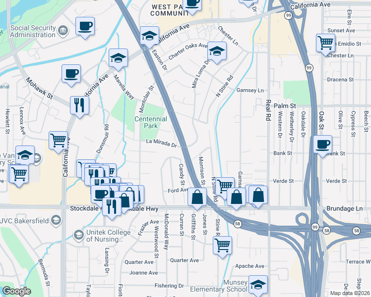 map of restaurants, bars, coffee shops, grocery stores, and more near 4305 La Mirada Drive in Bakersfield