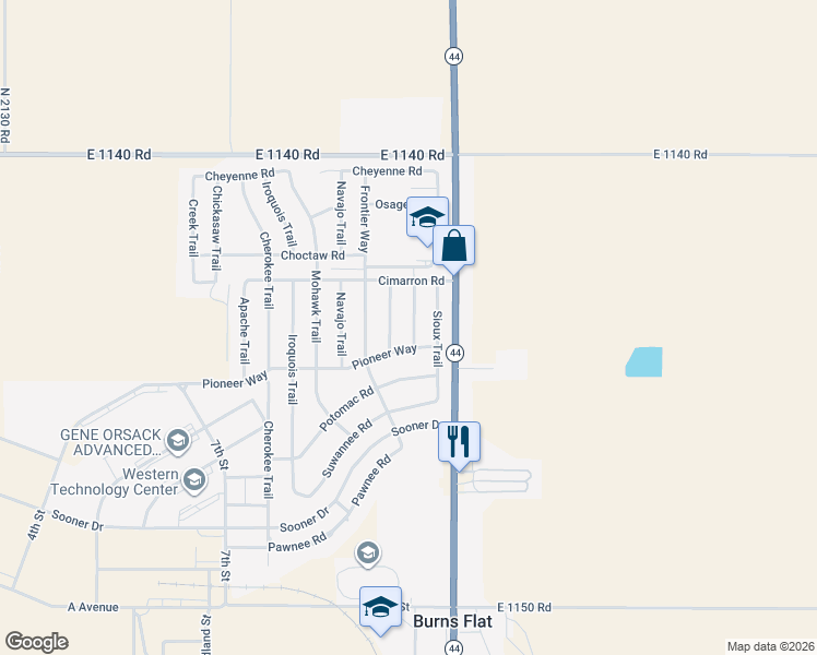 map of restaurants, bars, coffee shops, grocery stores, and more near 302 Pueblo Trail in Burns Flat