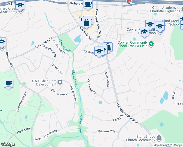 map of restaurants, bars, coffee shops, grocery stores, and more near 12311 Old Timber Road in Charlotte