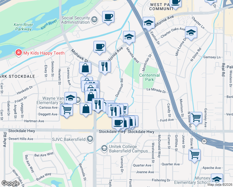 map of restaurants, bars, coffee shops, grocery stores, and more near 5201 Dunsmuir Road in Bakersfield