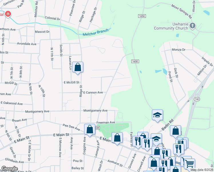 map of restaurants, bars, coffee shops, grocery stores, and more near 1318 East Cannon Avenue in Albemarle