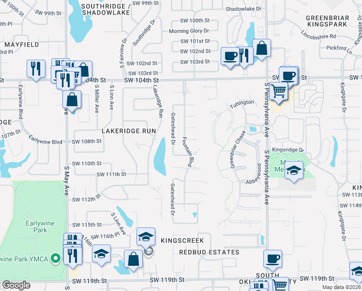 map of restaurants, bars, coffee shops, grocery stores, and more near 2425 Marforio Place in Oklahoma City