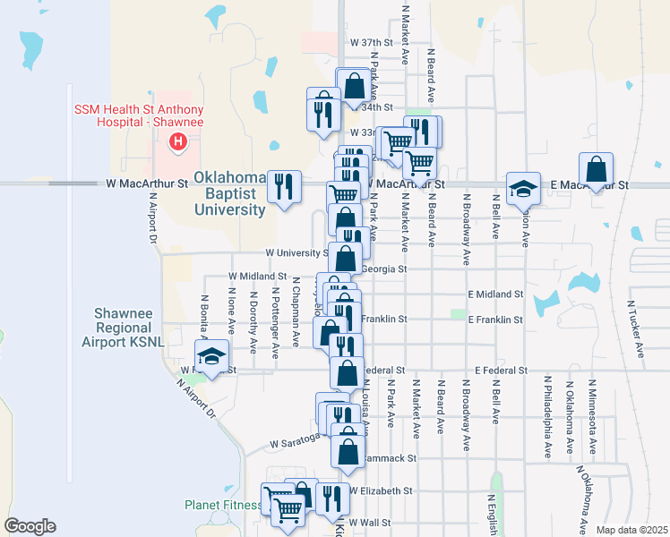 map of restaurants, bars, coffee shops, grocery stores, and more near North Kickapoo Street in Shawnee