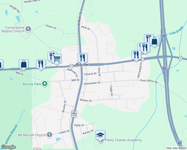 map of restaurants, bars, coffee shops, grocery stores, and more near 210 Church Street in Biscoe