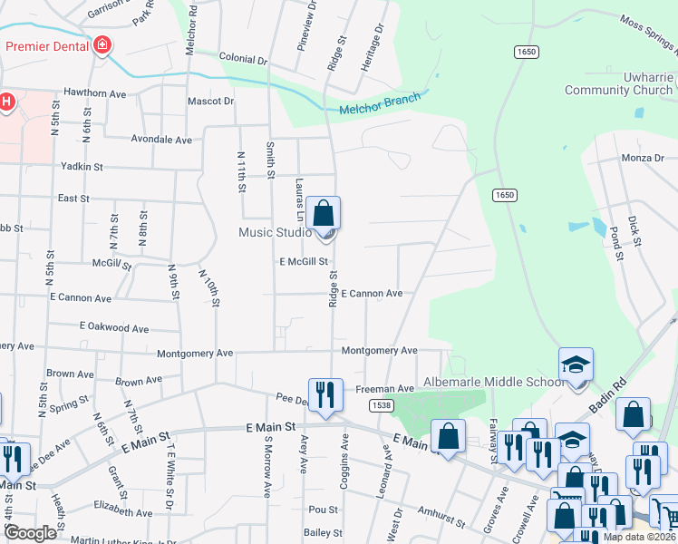 map of restaurants, bars, coffee shops, grocery stores, and more near 526 Ridge Street in Albemarle