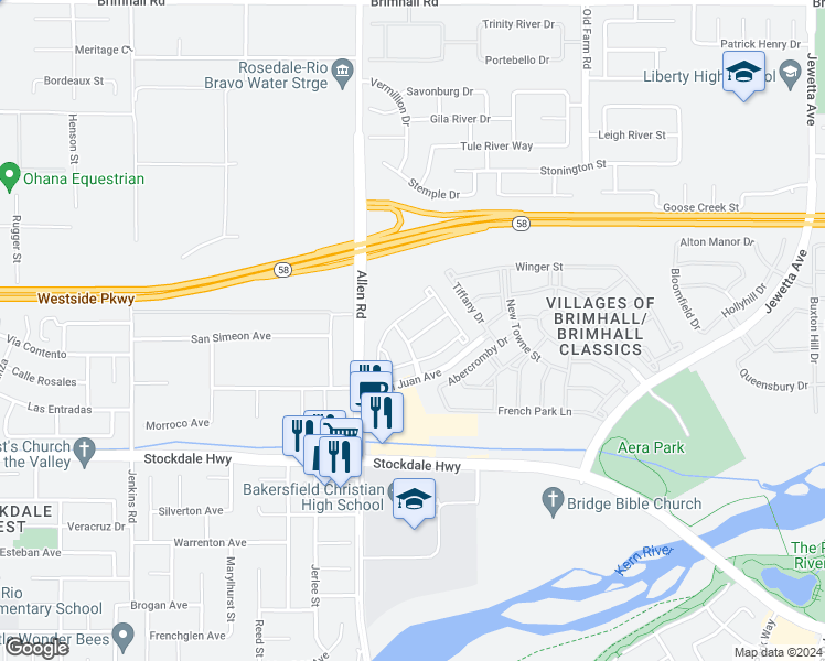 map of restaurants, bars, coffee shops, grocery stores, and more near 112 Cedmont Drive in Bakersfield