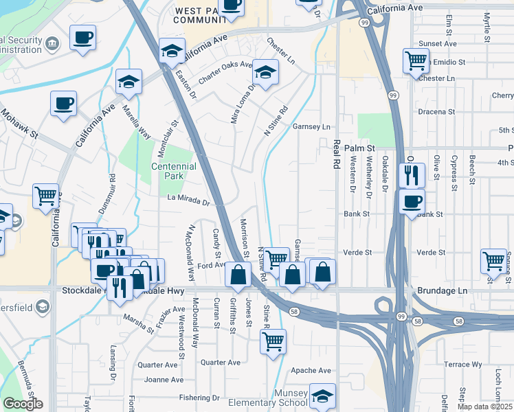 map of restaurants, bars, coffee shops, grocery stores, and more near 102 Stine Road in Bakersfield