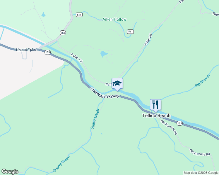 map of restaurants, bars, coffee shops, grocery stores, and more near 1635 Cherohala Skyway in Tellico Plains