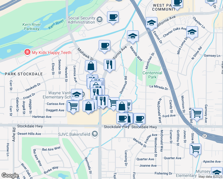 map of restaurants, bars, coffee shops, grocery stores, and more near 5401 Business Park South in Bakersfield