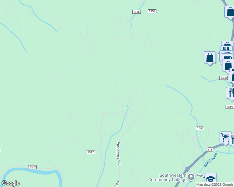 map of restaurants, bars, coffee shops, grocery stores, and more near 135 Old Rogers Ln in Sylva