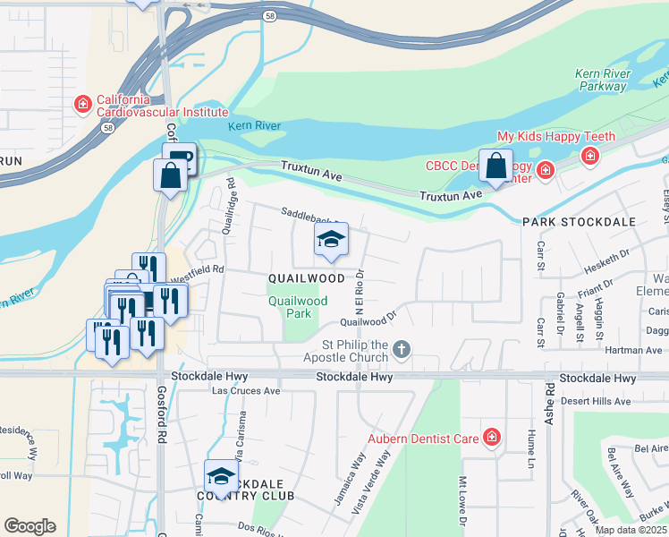 map of restaurants, bars, coffee shops, grocery stores, and more near 7301 Remington Avenue in Bakersfield