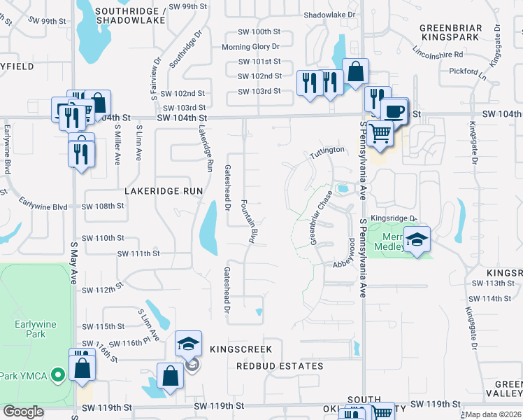 map of restaurants, bars, coffee shops, grocery stores, and more near 2405 Marforio Place in Oklahoma City