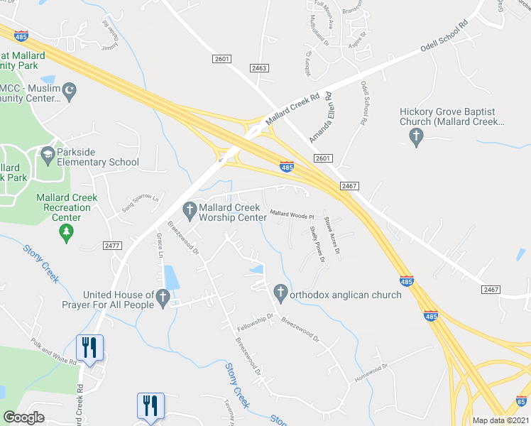 map of restaurants, bars, coffee shops, grocery stores, and more near 2121 Mallard Woods Place in Charlotte