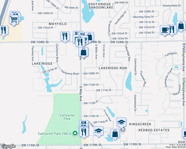 map of restaurants, bars, coffee shops, grocery stores, and more near 2813 Southwest 109th Street in Oklahoma City