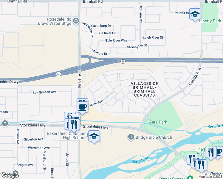 map of restaurants, bars, coffee shops, grocery stores, and more near 207 Tiffany Drive in Bakersfield