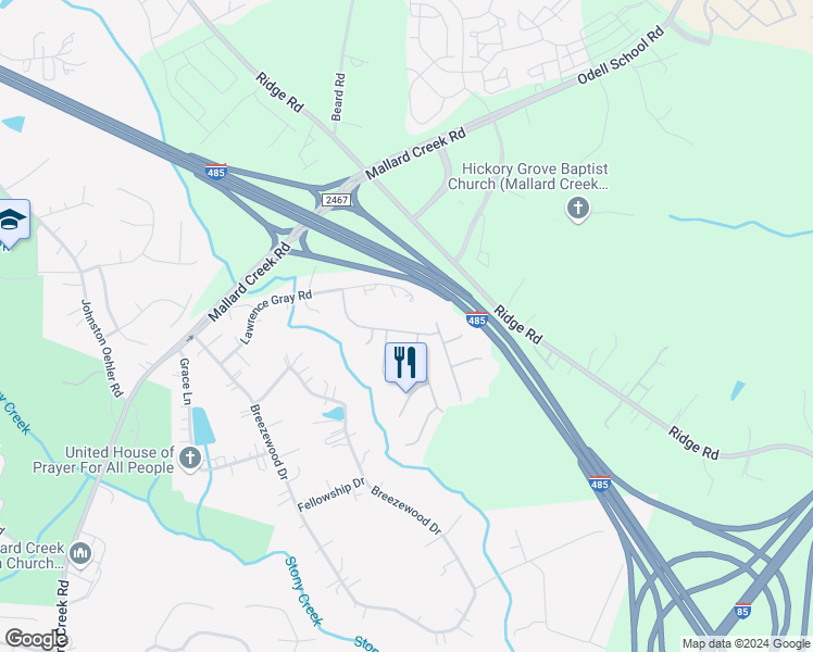 map of restaurants, bars, coffee shops, grocery stores, and more near 2016 Mallard Woods Place in Charlotte