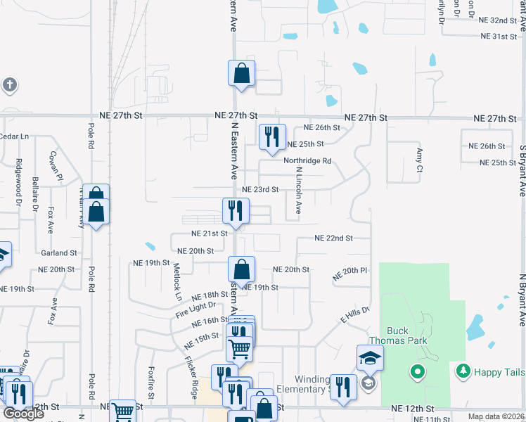 map of restaurants, bars, coffee shops, grocery stores, and more near 912 Woodward Avenue in Moore