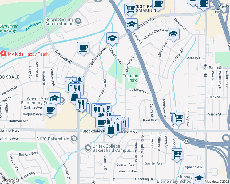 map of restaurants, bars, coffee shops, grocery stores, and more near 208 Pauma Court in Bakersfield