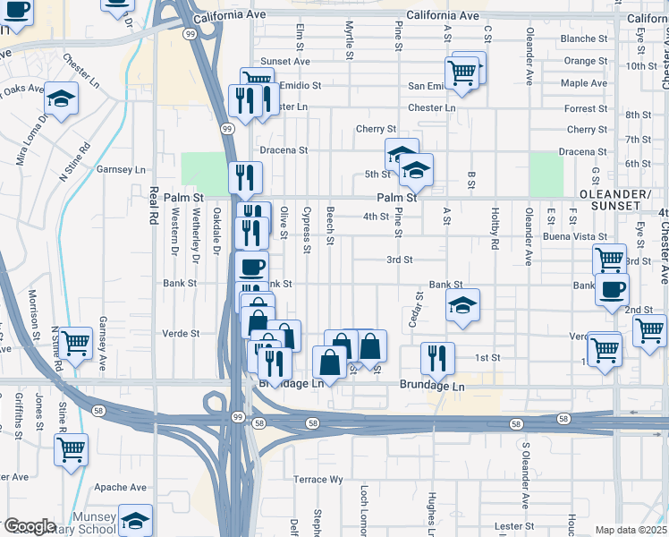 map of restaurants, bars, coffee shops, grocery stores, and more near 2915 Bank Street in Bakersfield