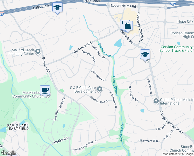 map of restaurants, bars, coffee shops, grocery stores, and more near 12012 Glen Hope Lane in Charlotte