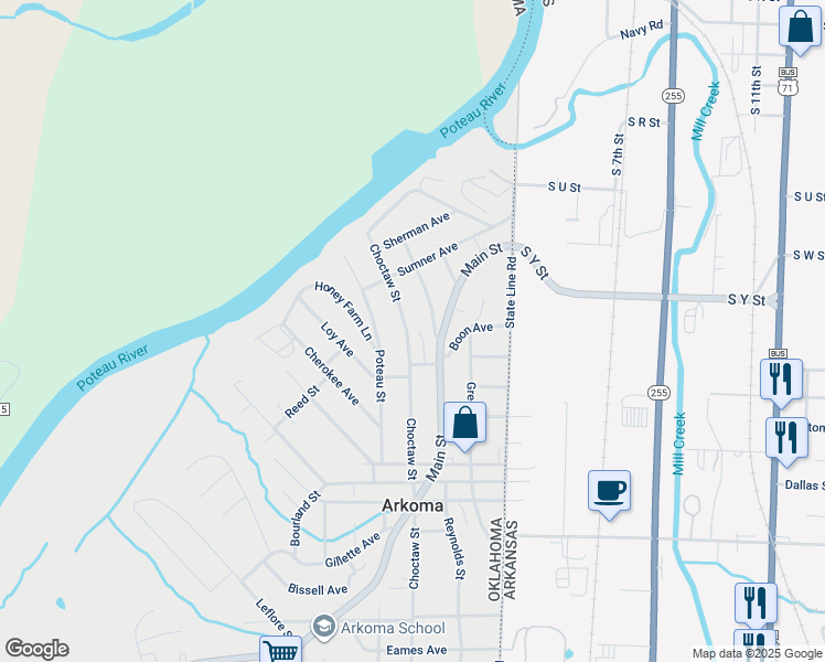 map of restaurants, bars, coffee shops, grocery stores, and more near 526 Texas Street in Arkoma