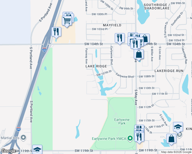 map of restaurants, bars, coffee shops, grocery stores, and more near 11000 Shoreside Drive in Oklahoma City