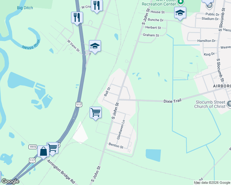 map of restaurants, bars, coffee shops, grocery stores, and more near 1801 S John St in Goldsboro