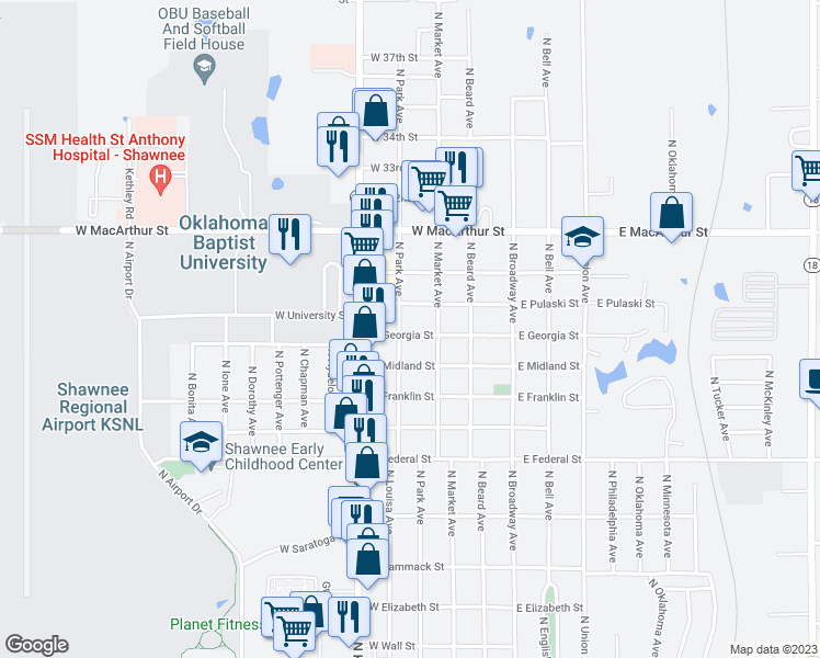 map of restaurants, bars, coffee shops, grocery stores, and more near 228 West Georgia Street in Shawnee