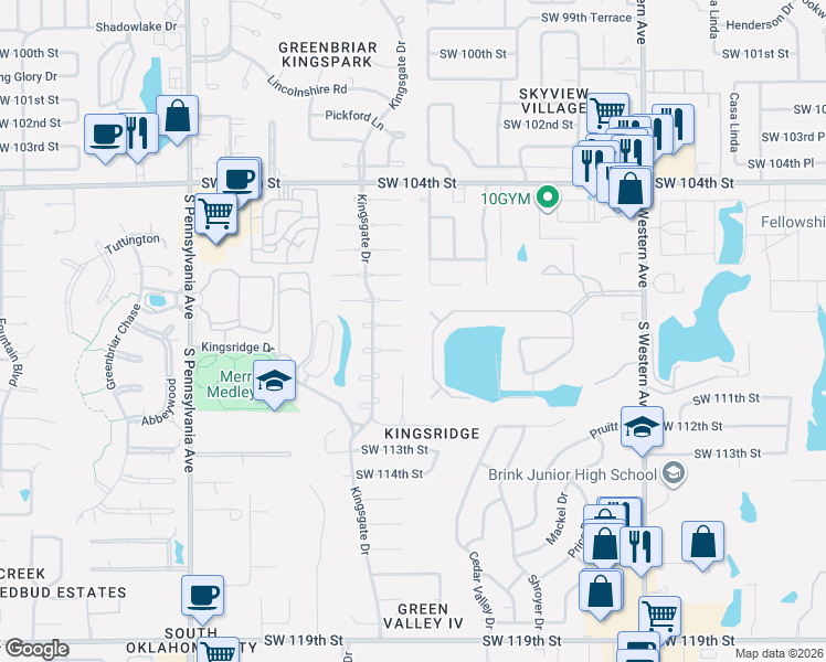 map of restaurants, bars, coffee shops, grocery stores, and more near 1304 Southwest 111th Place in Oklahoma City