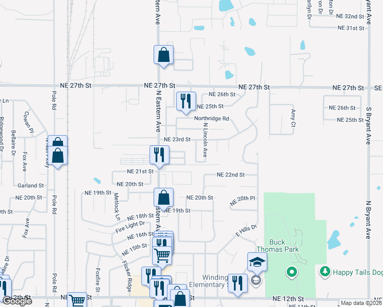 map of restaurants, bars, coffee shops, grocery stores, and more near 2313 Cedar Brook Drive in Moore
