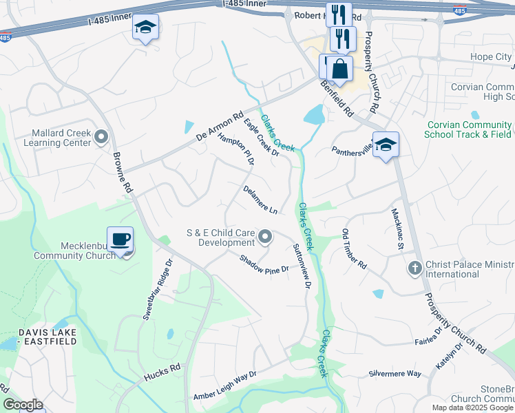 map of restaurants, bars, coffee shops, grocery stores, and more near 12012 Glen Hope Lane in Charlotte